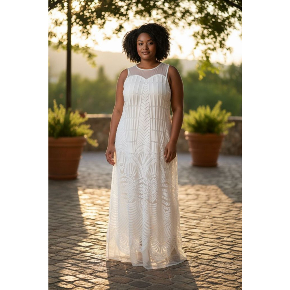 AND White Sheer Embroidered Maxi Wedding Dress